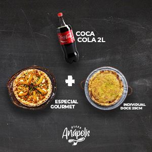 1 PIZZA GIGANTE LINHA GOURMET 35 CM + 1 PIZZA INDIVIDUAL DOCE C/ BORDA RECHEADA 25 CM + 1 REFRIGERANTE 2 LITROS