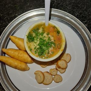 CALDO DE BATATA BAROA COM FRANGO DESFIADO BACON E CALABRESA