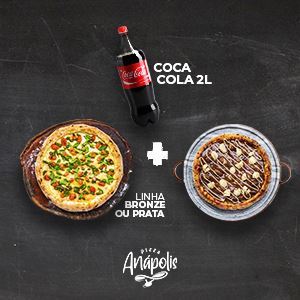 1 PIZZA GIGANTE 35 CM (LINHA BRONZE E PRATA) + 1 PIZZA DOCE INDIVIDUAL C/ BORDA 25 CM + 1 REFRIGERANTE 2 LITROS