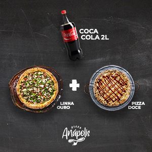 1 PIZZA GIGANTE 35 CM (LINHA OURO) +1 PIZZA DOCE GRANDE C/ BORDA 30 CM + 1 REFRIGERANTE 2 LITROS